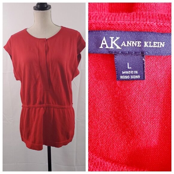 Anne Klein Women’s Red Round Neck Short Sleeve Elastic Waist Blouse Size Large - Picture 12 of 16